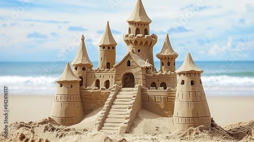 Majestic sandcastle on a sunny beach with blue sky