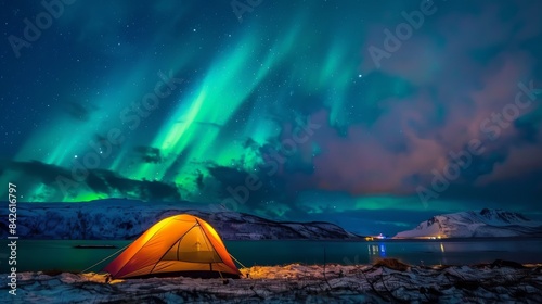 A tent pitched under a starry sky, with the aurora borealis providing a spectacular backdrop for a night of camping.
