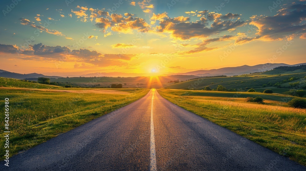 Naklejka premium Rural Road Winding Through Green Hills at Sunset