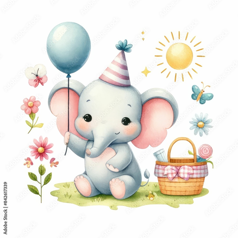Fototapeta premium baby shower summer theme. watercolor illustration, Perfect for nursery art, simple clipart, single object, white color background. for Baby Shower Invitation Template.