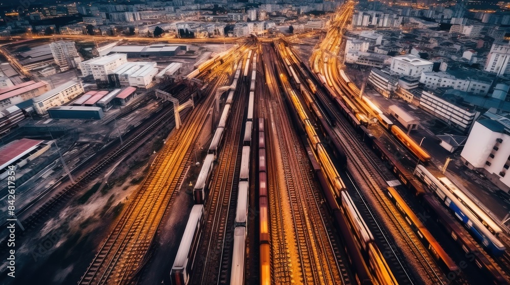 Naklejka premium busy train station with many long train lines. Several trains, different ones on the tracks and parked on the track;