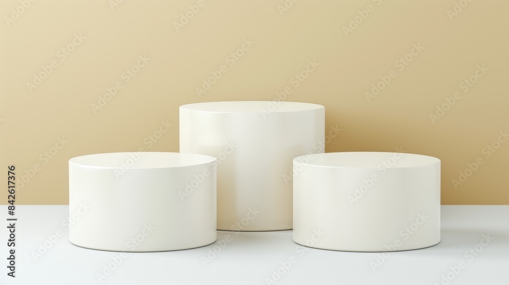 Minimalistic white cylinders on a beige background Minimalistic white cylinders on a beige background