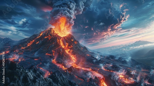 A time-lapse image of a volcano erupting, showing the progression of the eruption and lava flow. photo