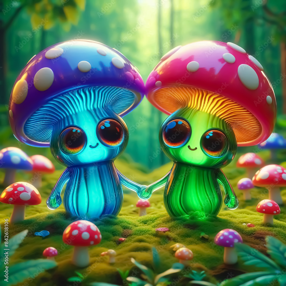 Fototapeta premium 3D glass mushrooms cartoon holding hands on colorful vibrant forest background. Funny illustration for kids cards