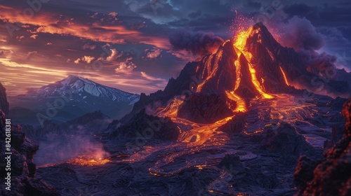 A time-lapse image of a volcano erupting, showing the progression of the eruption and lava flow. © Plaifah