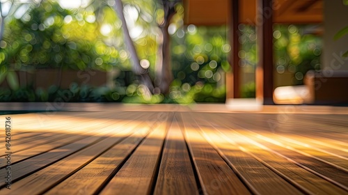 Sun-Drenched Wooden Deck Leading to a Lush Garden