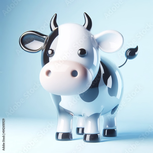 3D glass cow cartoon on light background. Funny illustration of farm animals for cards