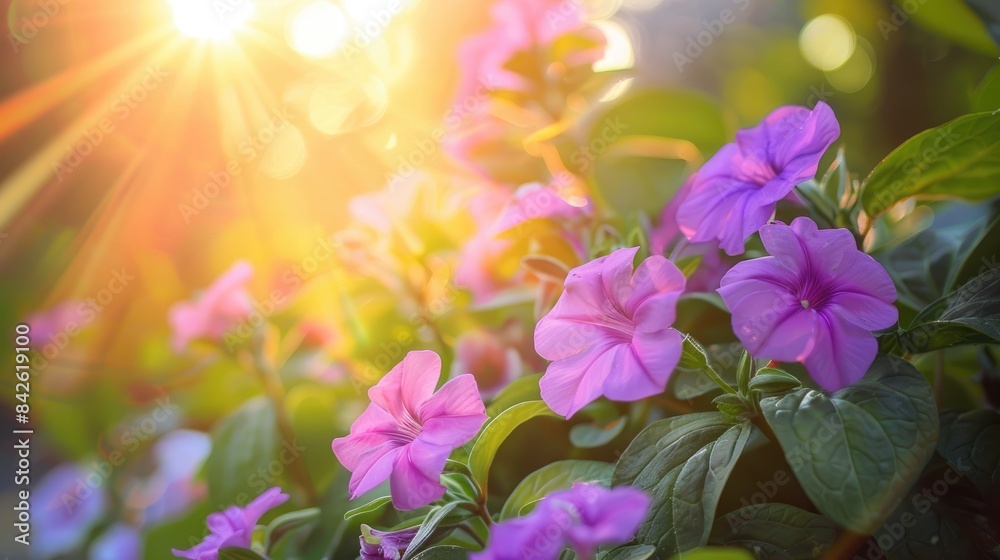 Purple flowers illuminated by the sun shining through the leafy backdrop