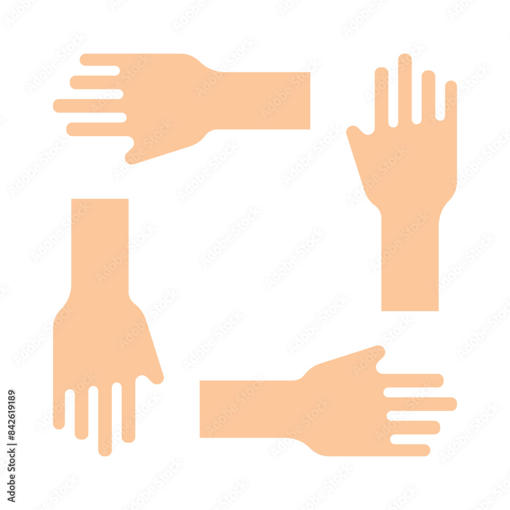 Fototapeta premium Teamwork icon. Four hands in a square, collaboration, unity, cooperation, support, teamwork, working together.