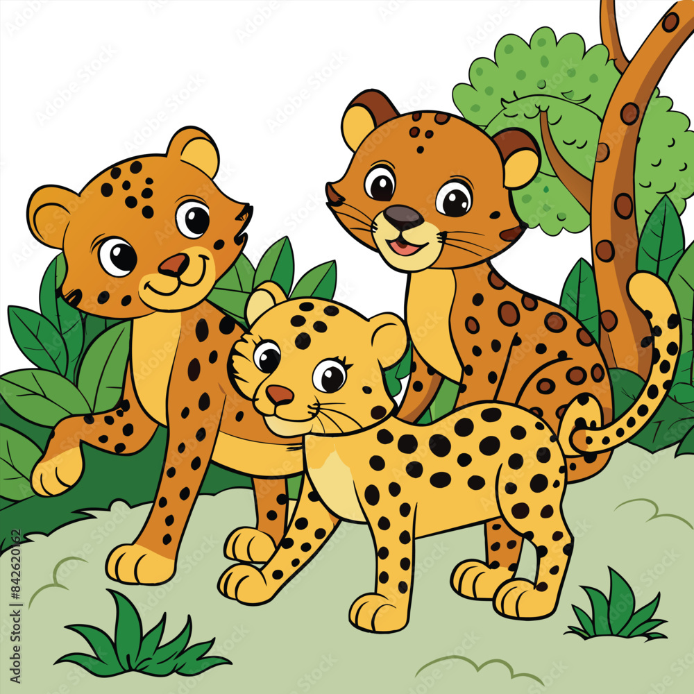 Obraz premium Cute leopard in flat cartoon style. Leopard animal vector illustration