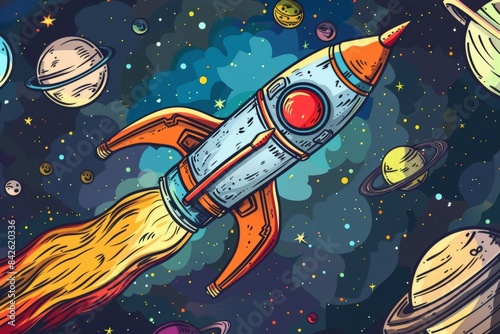 Colorful vintage rocket in outer space with stars and planets