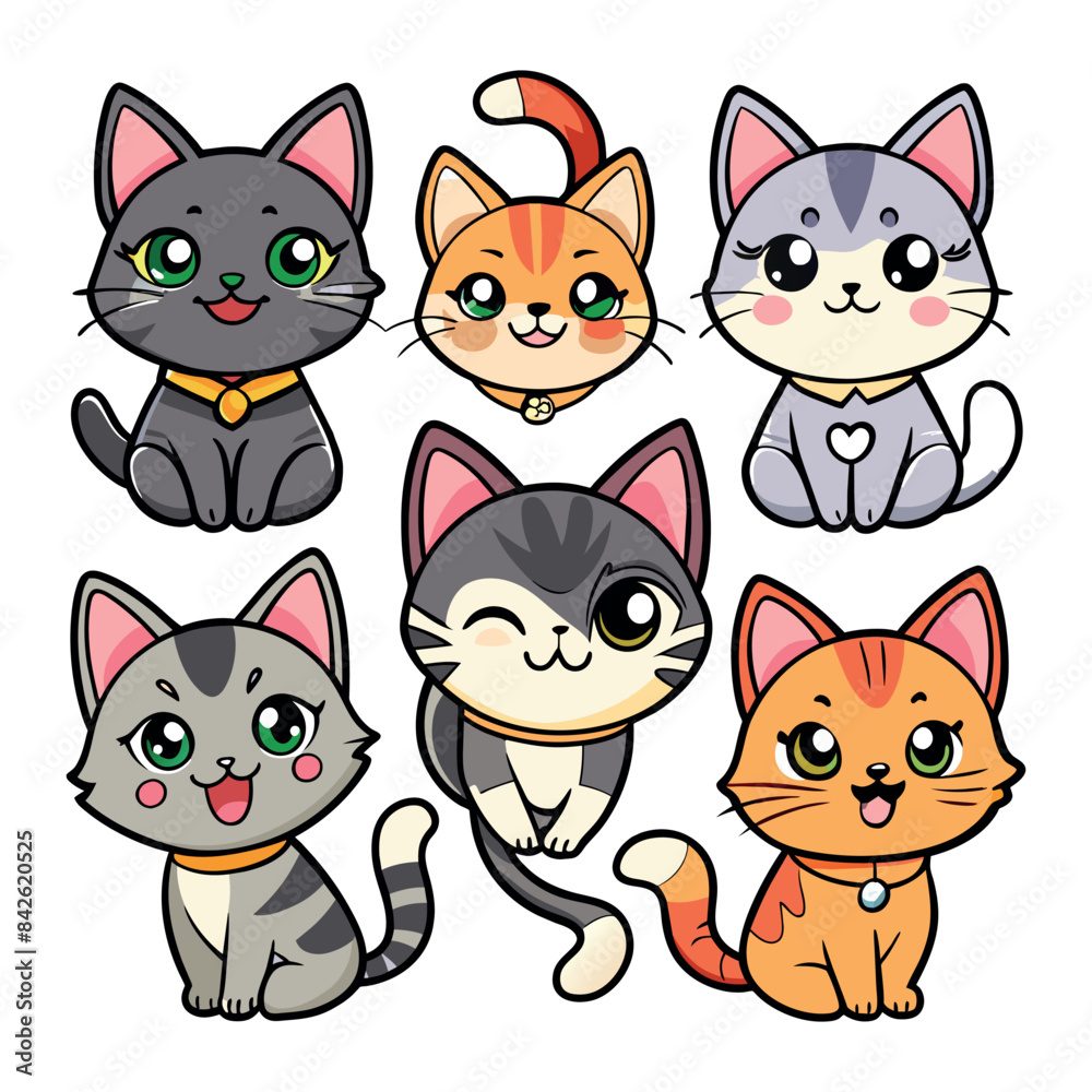 A set of cute cartoon cats with different colors and patterns. They are all smiling and seem to be happy A set of cute cartoon cats with different colors and patterns. They are all smiling and seem to be happy