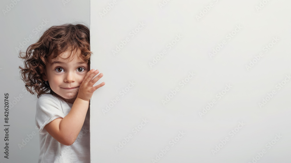smiling child boy peeks out from behind a white wall, copy space, advertising board, poster, card, children, kid, portrait, blank, layout, paper, banner, mockup, message, template, promo, billboard smiling child boy peeks out from behind a white wall, copy space, advertising board, poster, card, children, kid, portrait, blank, layout, paper, banner, mockup, message, template, promo, billboard