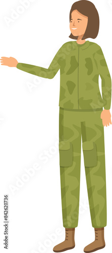 Smiling young woman soldier in camouflage uniform standing and pointing aside illustration