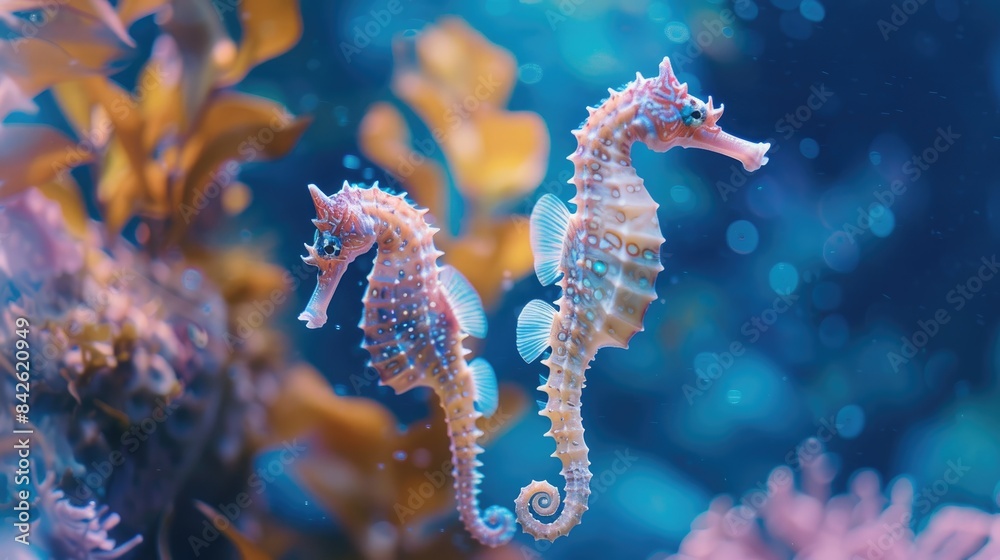 Close up view of seahorses swimming horizontally in a tank with a blurred blue backdrop Close up view of seahorses swimming horizontally in a tank with a blurred blue backdrop