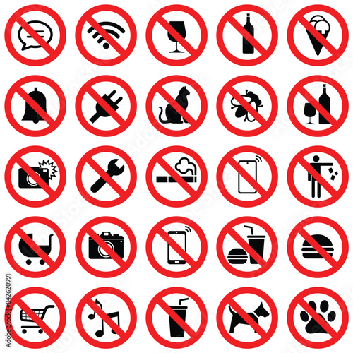 prohibition sign set forbidden and warning sign
