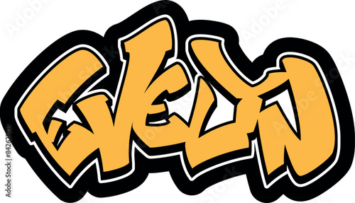 EVELYN Graffiti Name, street art urban wall tag style font, sticker, label, print, stencil, cut file, cool dope hand drawn writing, girl dj sign logo, doodle, clear transparent background, vector, EPS