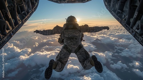 A paratrooper captured mid-free-fall above a bed of clouds during a skydiving exercise or adventure photo
