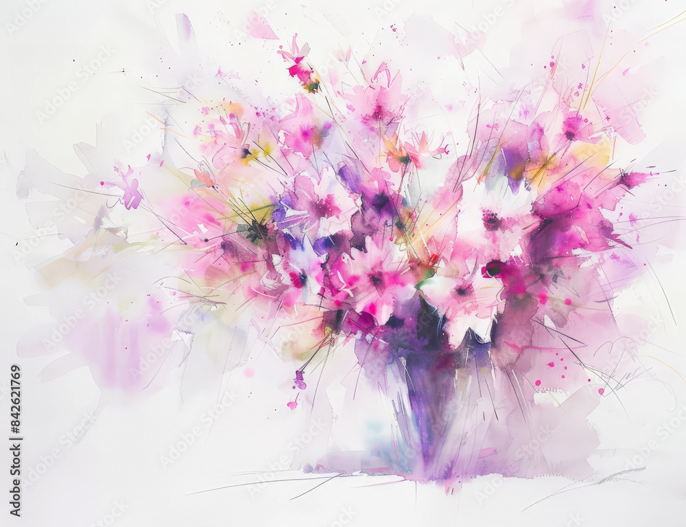 Hermosa acuarela pintada de un jarron con flores de primavera rosas, purpuras, lavanda y verdes sobre fondo de lienzo blanco con pinceladas de colores. Concepto felicitaciones, eventos Hermosa acuarela pintada de un jarron con flores de primavera rosas, purpuras, lavanda y verdes sobre fondo de lienzo blanco con pinceladas de colores. Concepto felicitaciones, eventos
