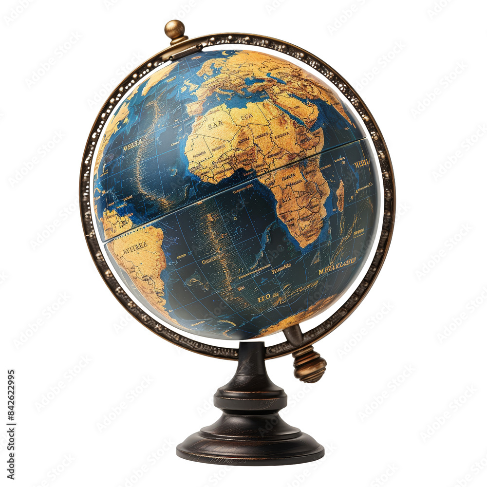 A blue and green world globe, isolated on white, displays continents and oceans for education about geography A blue and green world globe, isolated on white, displays continents and oceans for education about geography