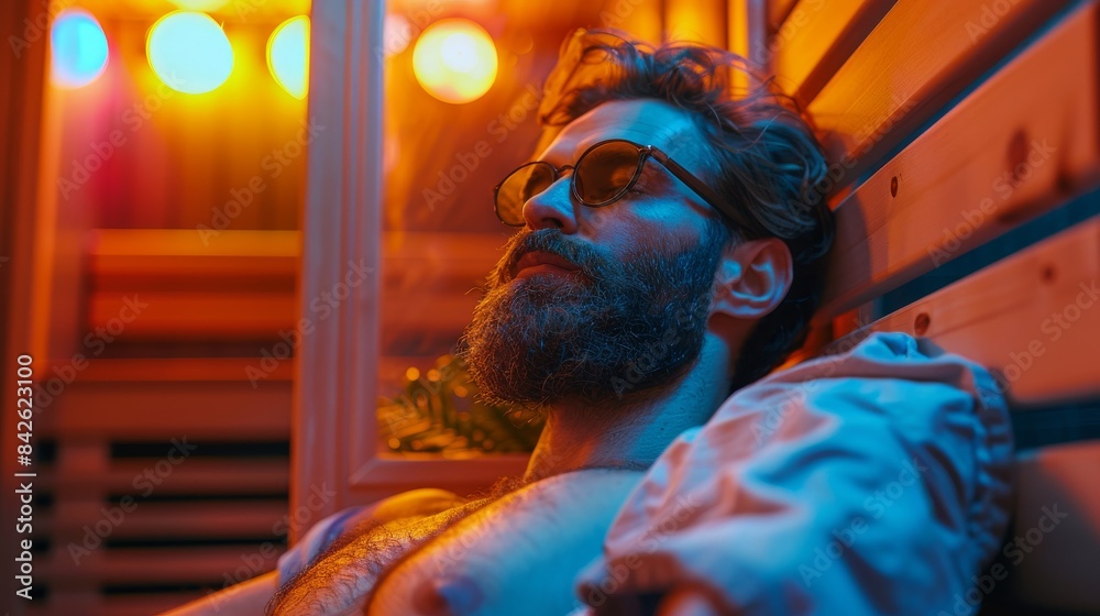 A bearded man is seen lying down in a vibrant sauna with blurred colorful lights in the background, creating a mood of relaxation and comfort