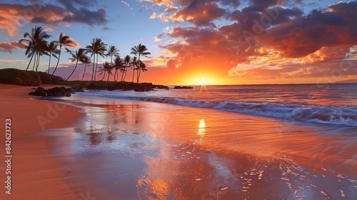 A tranquil beach at sunset  with golden sands  calm waves  and palm trees silhouetted against the colorful sky 