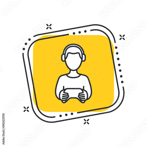 Cartoon gamer icon vector illustration. Gamepad on isolated yellow square background. Headphones sign concept.