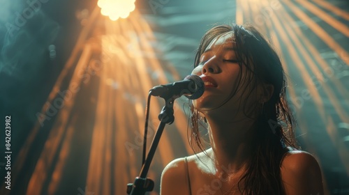 A female artist sings passionately on stage, bathed in the warm glow of stage lights, capturing the energy of live music performances