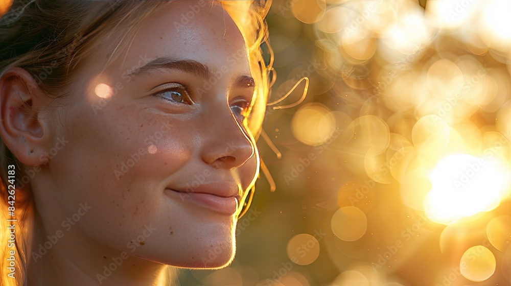 Fototapeta premium Golden Hour Glow: A Woman Smiles at the Setting Sun