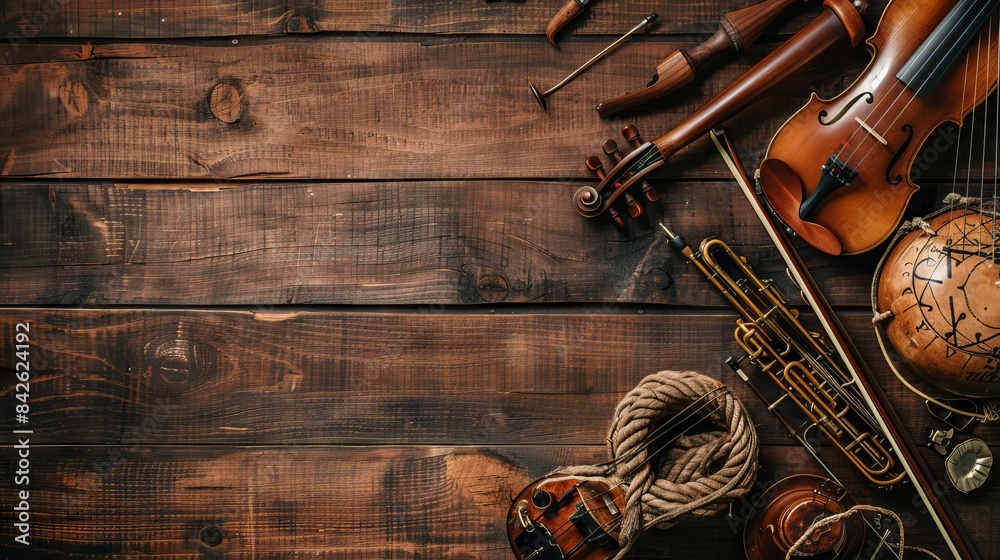 Vintage musical instruments and tools on a wooden background with space ...