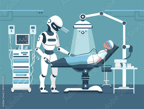 Flat Style Vector Illustration of a Surgical Robot in the Operating Room: The Convergence of Technology and Medicine