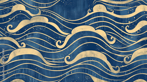 Seamless Japanese wave pattern with wood cut style. Blue pattern with ocean texture photo