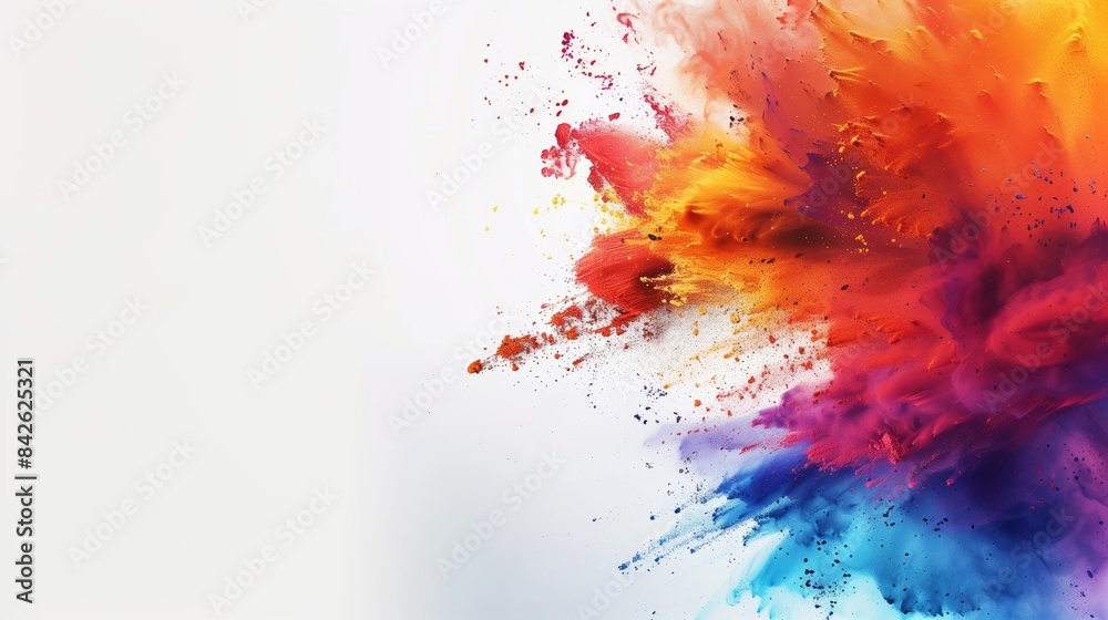 Explosive Burst of Colorful Dry Pigments in Mid-Air Against White Background Explosive Burst of Colorful Dry Pigments in Mid-Air Against White Background