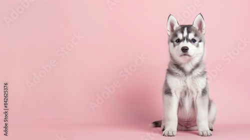 A cute Alaskan Malamute puppy sitting on a solid pastel background with space above for text © Pniuntg