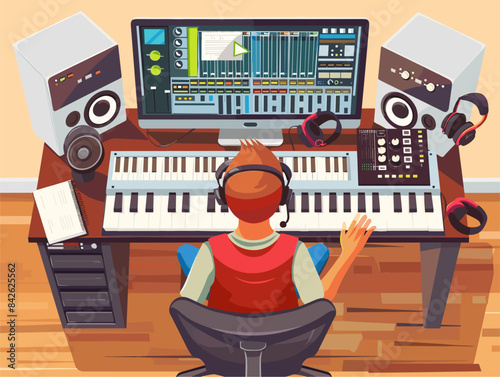 Musician Composing Electronic Music with Digital Audio Workstation and MIDI Controllers: An Animated Illustration in Flat Style