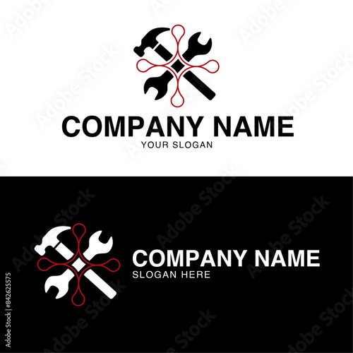 Modern minimal logo design template for craft agencies and garage design made with hammer embedded in a wrench