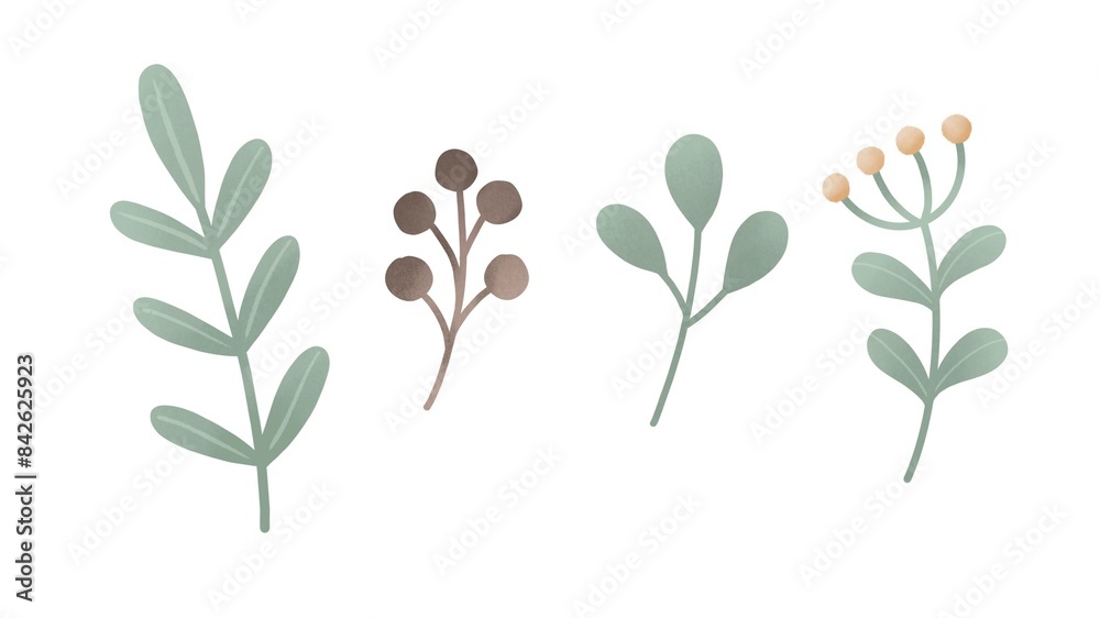 Watercolor illustration of cute little twigs and leaves. The collection is perfect for any design and production. JPG image 300 dpi.