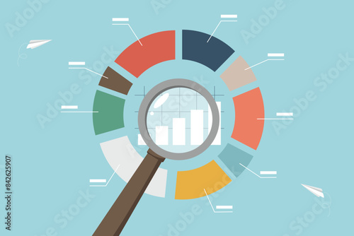Profit share in business or investment, company shareholder owns part of assets, concept of market distribution or competition, analysis of income and expenses, magnifying glass shows economic charts.