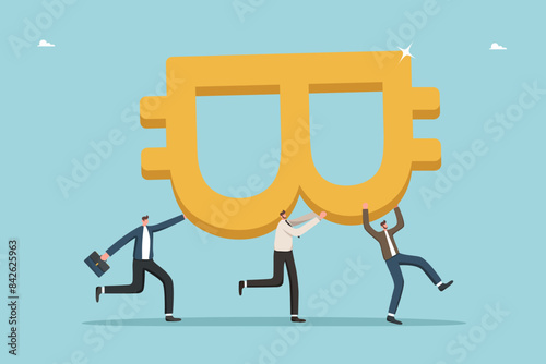 Teamwork for achieving financial goals in cryptocurrency market, investors in search of stock market to invest cash in digital currency, brainstorm for game in foreign market, men carry bitcoin icon.