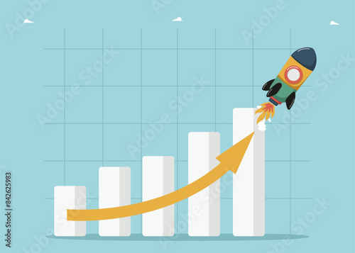 Increase in income and wages, financial growth, improvement of economy, profitability of investment portfolio, increase in value of currency, motivation for high results, rocket takes off up chart.