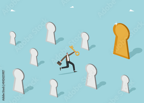 Find way out of difficult situation or solution to problem, secret key to achieve heights in business, motivation to discover new opportunities, man with key choosing the right keyhole.