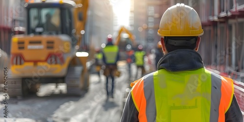Supervising Construction Workers Utilizing Modern Equipment A Project Manager's Role. Concept Construction management, Project supervision, Modern equipment usage, Managerial responsibilities