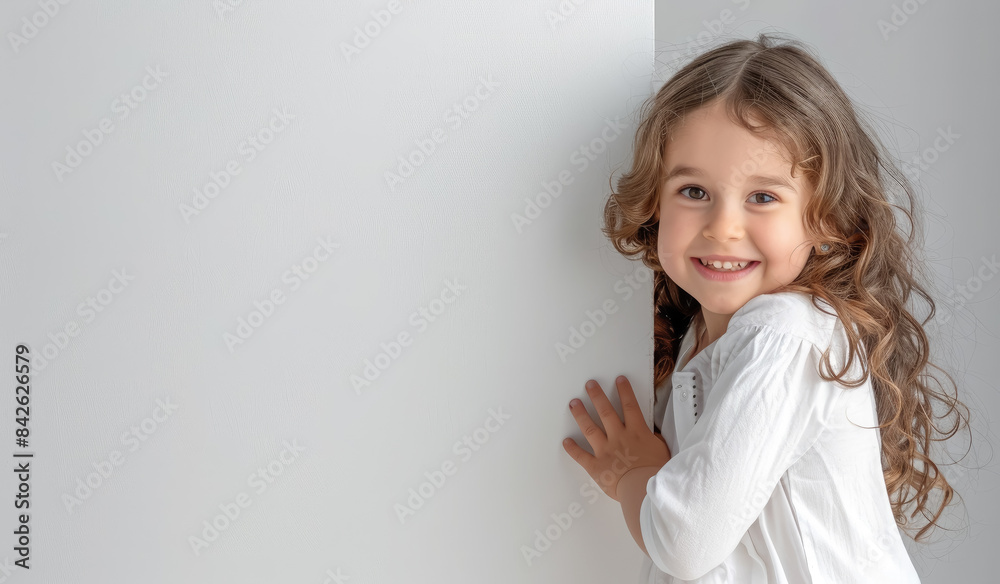 smiling child girl peeks out from behind a white wall, copy space, advertising board, poster, card, children, kid, portrait, blank, layout, paper, banner, mockup, message, template, billboard, show smiling child girl peeks out from behind a white wall, copy space, advertising board, poster, card, children, kid, portrait, blank, layout, paper, banner, mockup, message, template, billboard, show