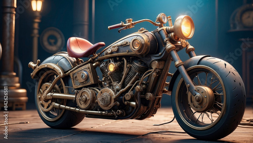 A custom motorcycle in an authentic creative workshop. Motorcycle in vintage steampunk style