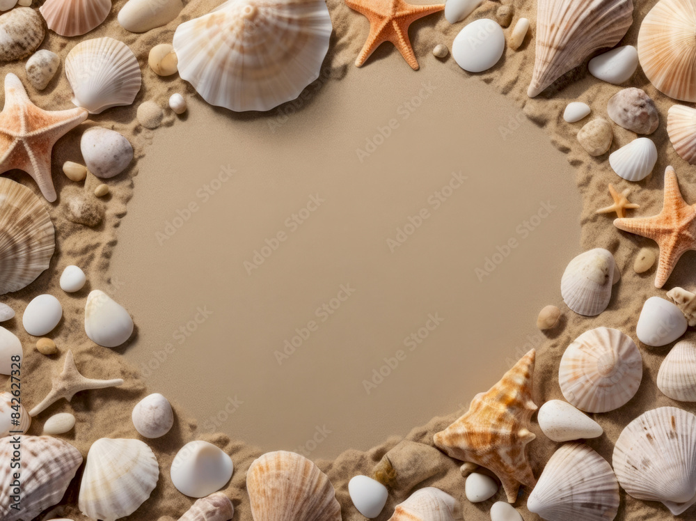 Obraz premium A decorative arrangement of seashells and starfish on the sand, capturing the essence of the ocean and beach life. Сoncept of Marine Decor