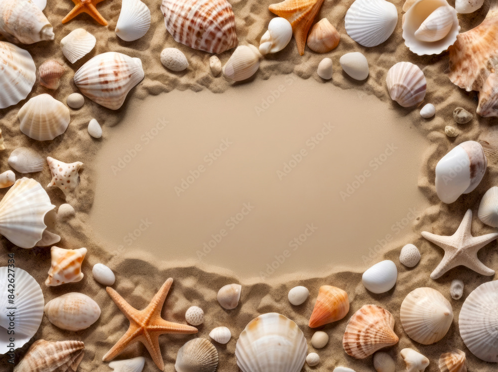 Obraz premium An inviting beach border with various seashells and pebbles placed on the sand, ideal for vacation and travel themes. ?oncept of Beach Border