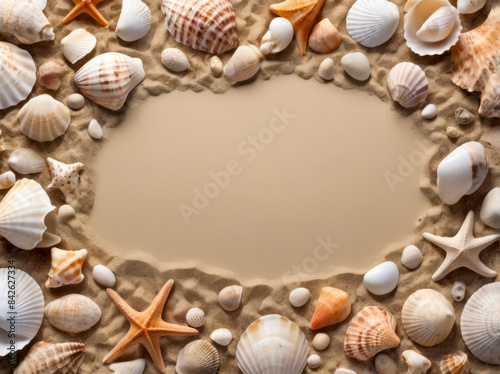 An inviting beach border with various seashells and pebbles placed on the sand, ideal for vacation and travel themes. ?oncept of Beach Border
