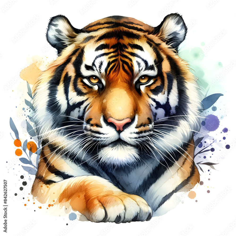 Naklejka premium Isolated watercolor illustration of tiger on wite background.