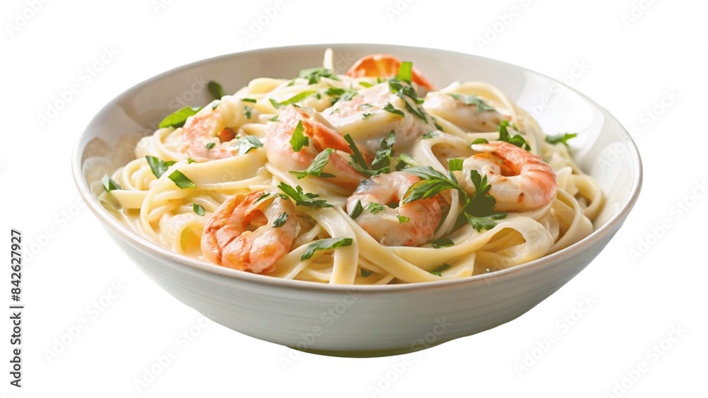 A bowl of creamy shrimp Alfredo pasta. isolated on Transparent background. A bowl of creamy shrimp Alfredo pasta. isolated on Transparent background.
