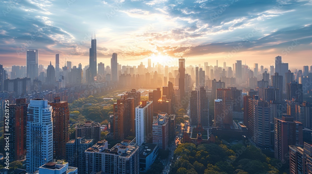 Fototapeta premium A landscape modern city view from high rise. Aerial high view. Generative AI.